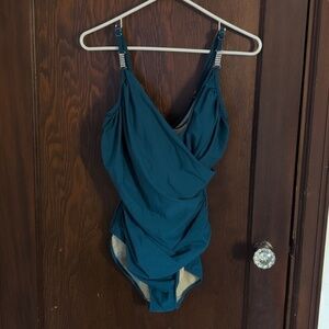 Shape FX Cinched Waist One Piece Swimsuit Sz 14 Teal